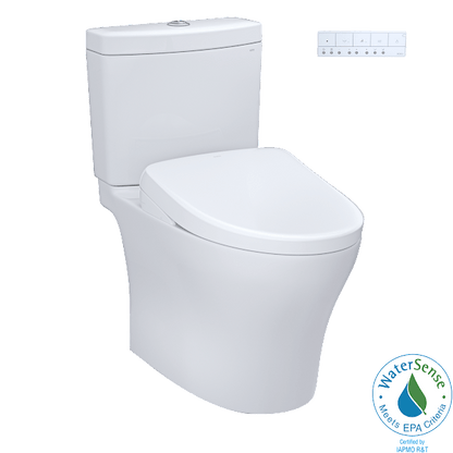 TOTO Aquia IV Washlet+ S7 two-piece toilet with control panel and WaterSense label, dual flush 1.28 and 0.9 GPF