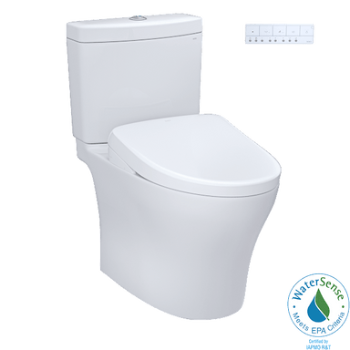 TOTO Aquia IV Washlet+ S7 two-piece toilet with control panel and WaterSense label, dual flush 1.28 and 0.9 GPF