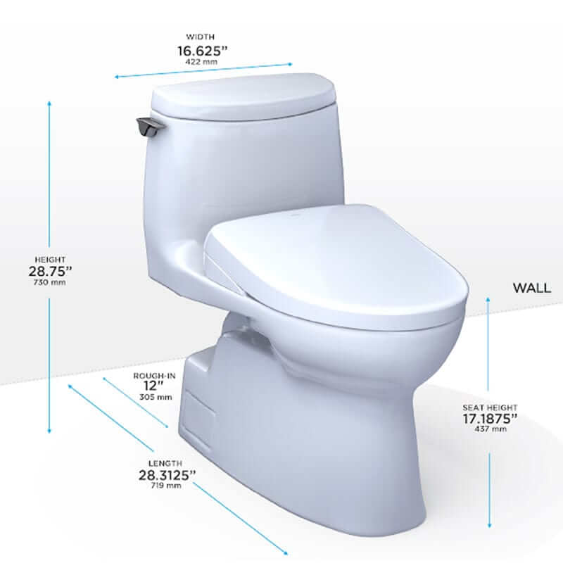 TOTO Carlyle II 1G Washlet + S7 One-Piece 1.0 GPF with dimensions: height 28.75", width 16.625", seat height 17.1875".
