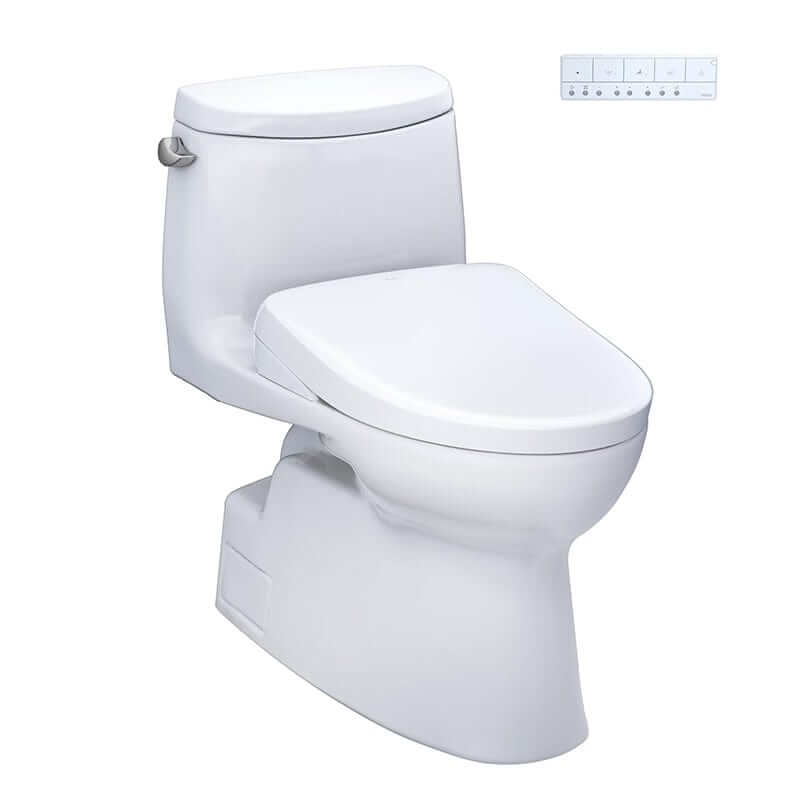 TOTO Carlyle II Washlet + S7 One-Piece - White toilet with control panel on a white background