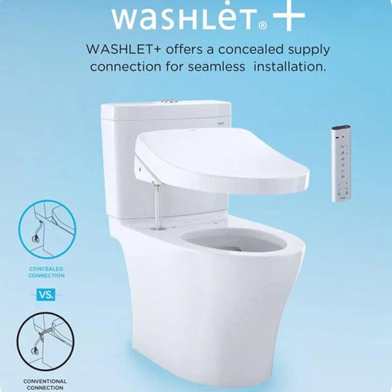 Alt Tag: TOTO Carlyle II 1G Washlet+ C5 toilet showcasing concealed supply connection feature with remote control on blue background.