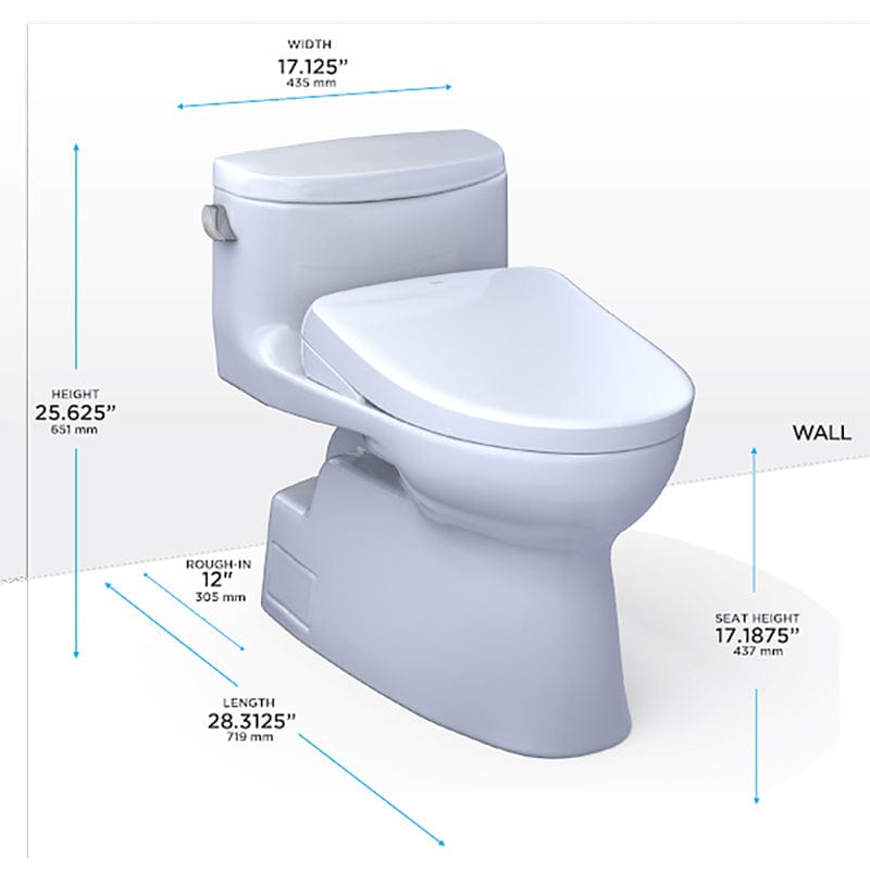 TOTO Carolina II Washlet+ S7 One Piece toilet with dimensions, showing width, height, seat height, rough-in, and length.