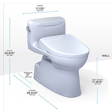 TOTO Carolina II Washlet+ S7A One Piece 1.28 GPF toilet with dimensions showing height, width, length, and seat height.