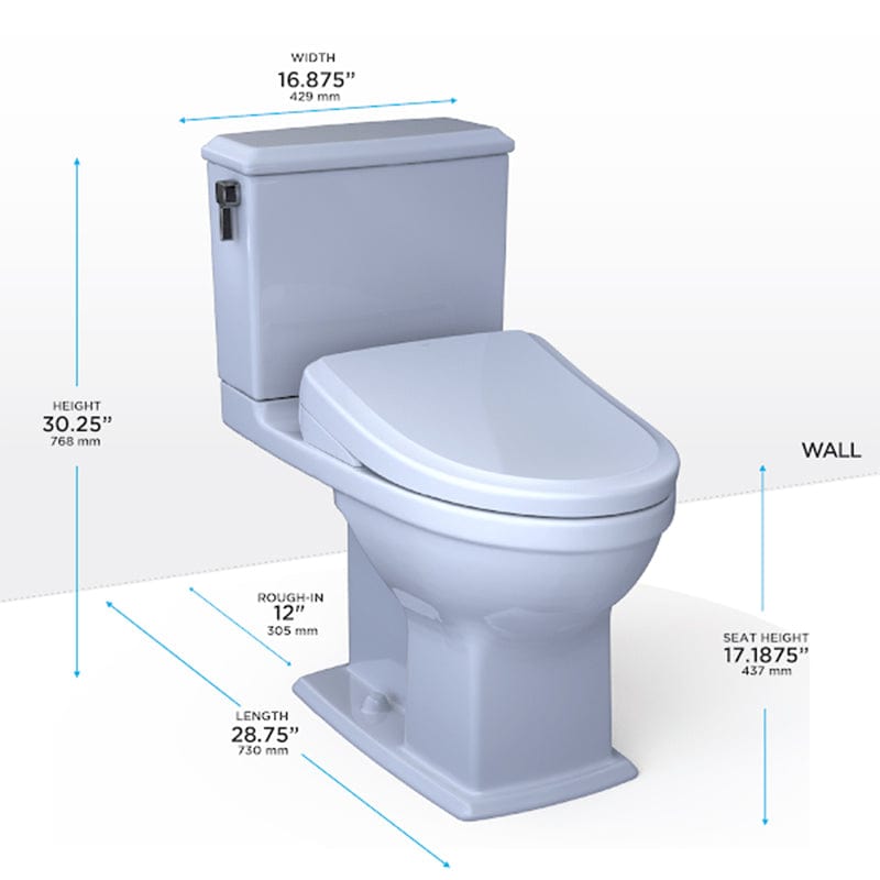 TOTO Connelly Washlet+ S7 two-piece toilet with dimensions and water-saving features, shown with height, width, and length measurements.