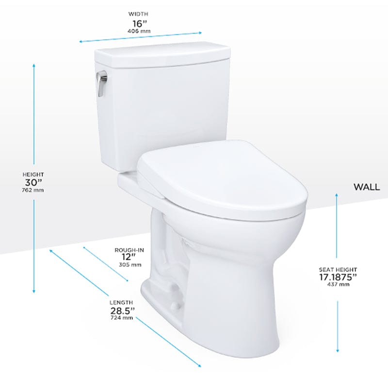 TOTO Drake II 1G Washlet + S7 Two-Piece Toilet, 1.0 GPF, dimensions shown, white porcelain, modern design, efficient flush system.