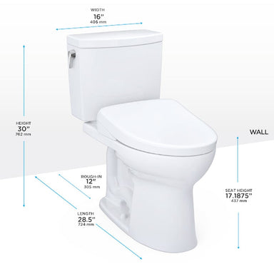 TOTO Drake II 1G Washlet S7A Two-Piece 1.0 GPF with dimensions: 30" height, 16" width, 28.5" length, 12" rough-in