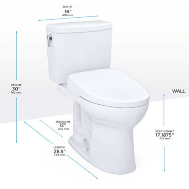 TOTO Drake II 1G Washlet + S7 Two-Piece - White toilet with dimensions labeled on a white background