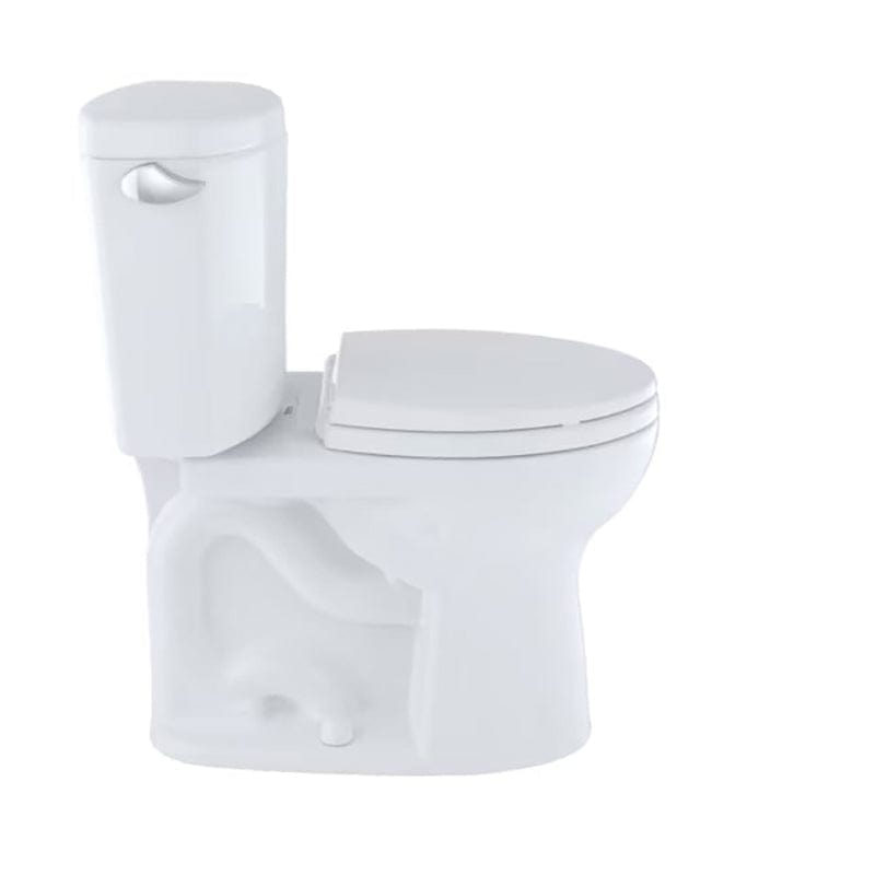 TOTO Drake II two-piece round toilet, 1.28 GPF, no seat, white design, side view.