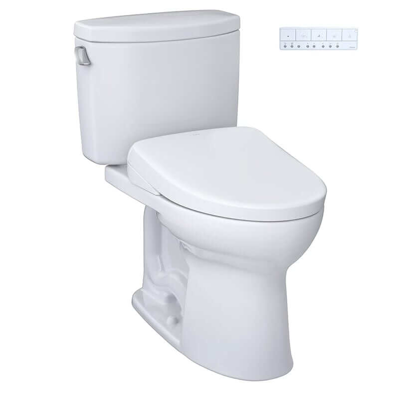 TOTO Drake II Washlet + S7 Two-Piece - White toilet with control panel on a white background