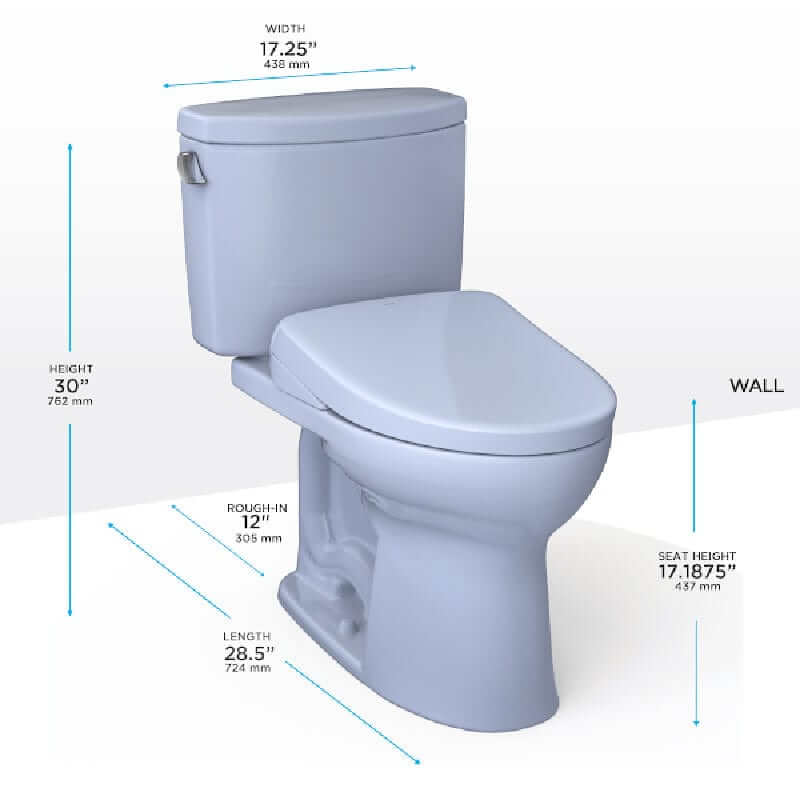 TOTO Drake II Washlet + S7 Two-Piece - White toilet with dimensions labeled on a white background
