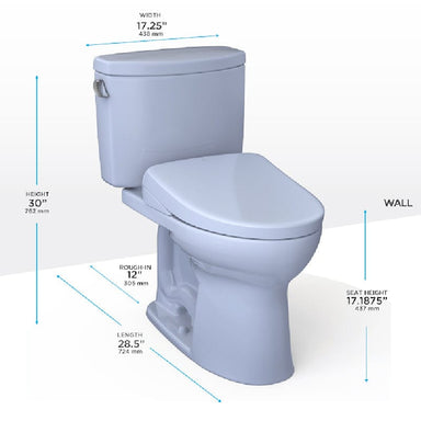 TOTO Drake II Washlet S7 Two-Piece Toilet with Dimensions Shown