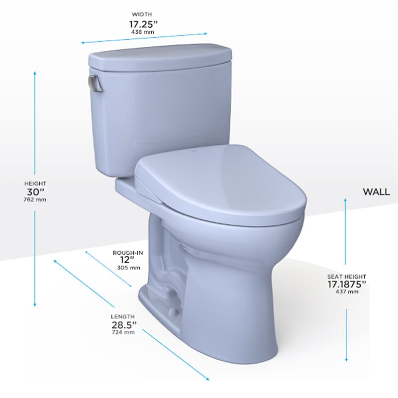 TOTO Drake II Washlet + S7A Two-Piece 1.28 GPF toilet with dimensions marked, including height, width, and seat height, in white.