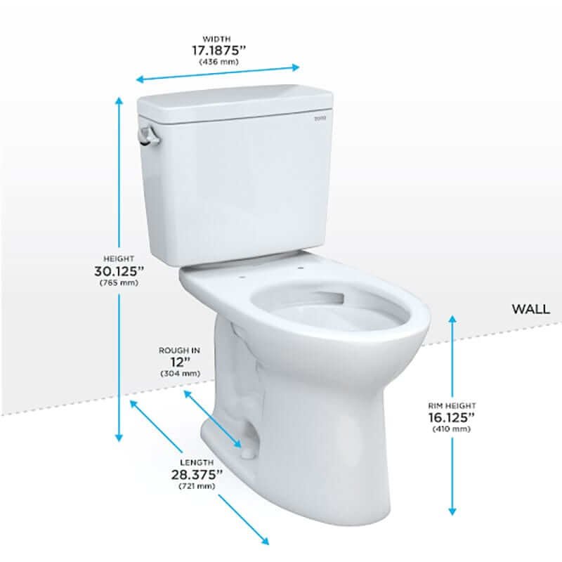 TOTO Drake Two-Piece Elongated - Universal Height Toilet - toilet with dimensions labeled on a white background