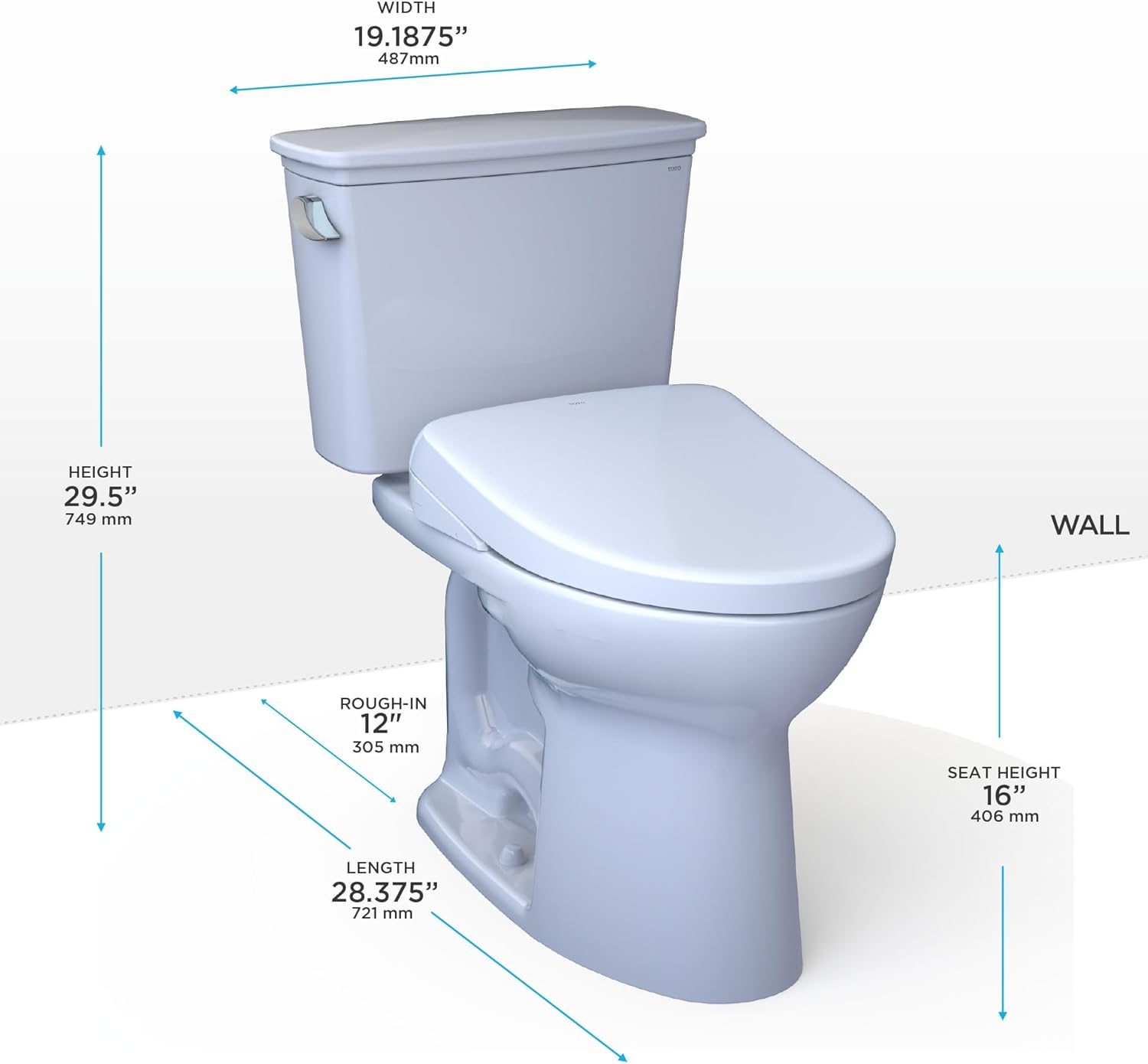 TOTO Drake Transitional WASHLET+ S2 Two-Piece Toilet - 1.28 GPF - white toilet with dimensions labeled on a white background