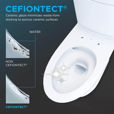 TOTO Drake Transitional WASHLET+ S2 Two-Piece Toilet - 1.28 GPF - Universal Height - Toilet with Cefiontect technology illustration showing waste minimization on a dark background