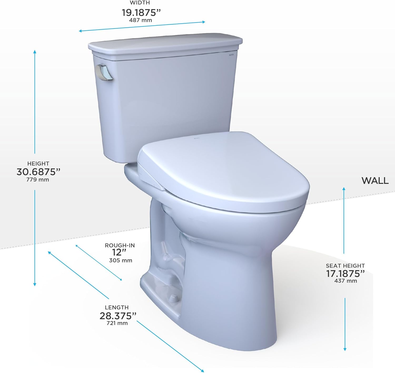 TOTO Drake Transitional WASHLET+ S2 Two-Piece Toilet - 1.28 GPF - Universal Height - White toilet with dimensions labeled on a white background