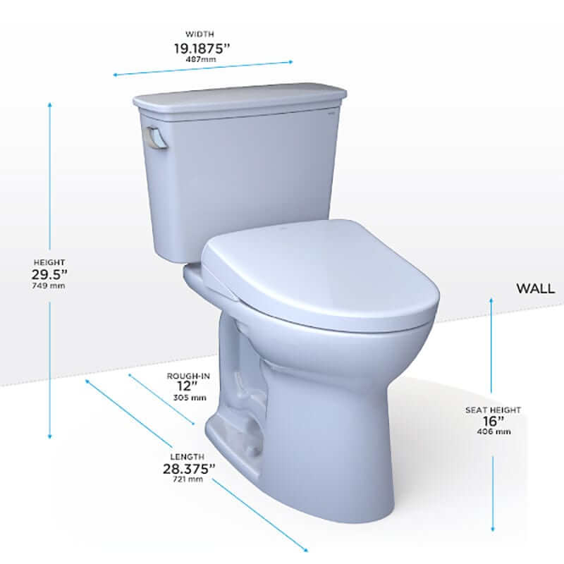 TOTO Drake Transitional Washlet + S7A Two-Piece - White toilet with dimensions labeled on a white background