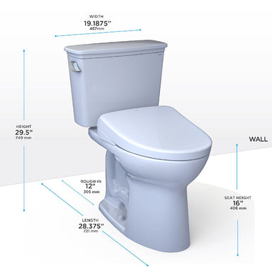 TOTO Drake Transitional Washlet+ Two-Piece Toilet with dimensions, 1.28 GPF efficiency, width 19.1875, height 29.5, length 28.375 inches