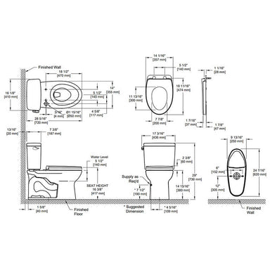 Technical dimensions of TOTO Drake Two Piece Toilet 1.6-GPF Elongated with seat included, showing measurements for proper installation.