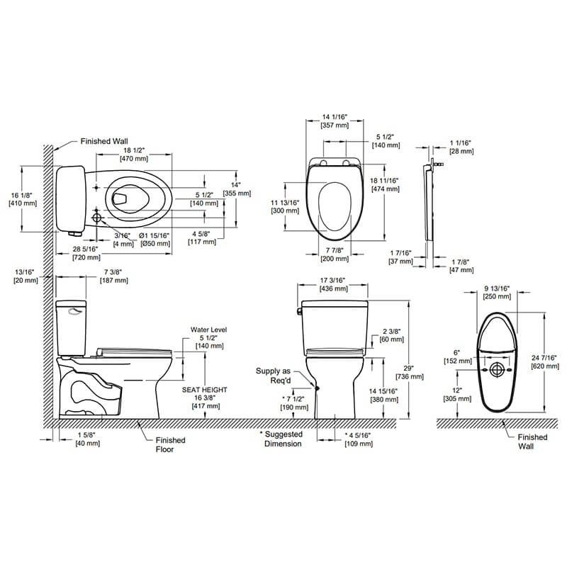 Technical dimensions of TOTO Drake Two Piece Toilet 1.6-GPF Elongated with seat included, showing measurements for proper installation.