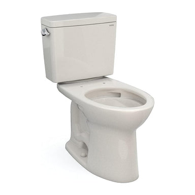 TOTO Drake two-piece elongated toilet, 1.28 GPF, universal height, Sedona Beige, no seat included.