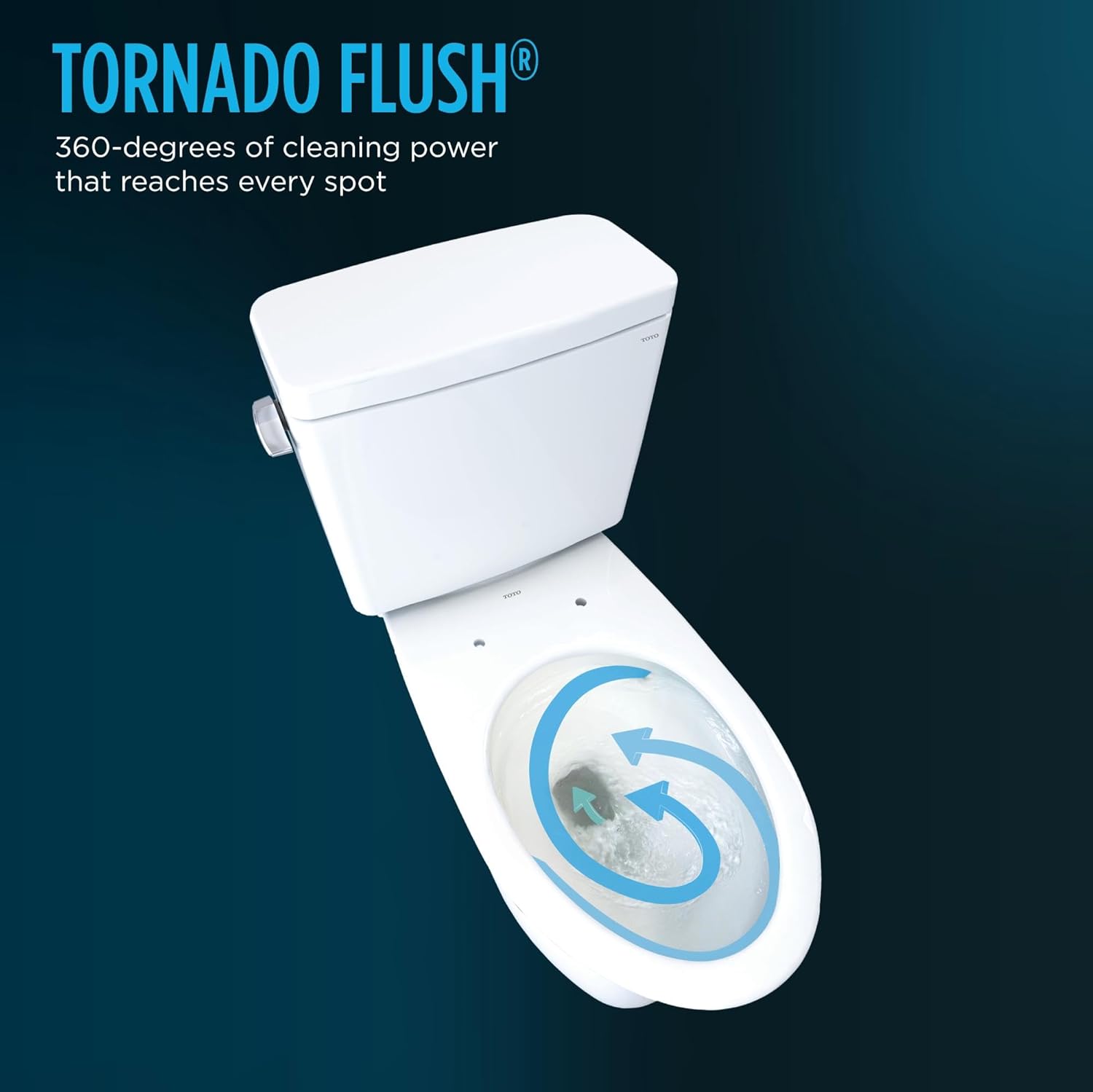 TOTO Drake Two Piece Toilet Elongated - Seat Included - Toilet with Tornado Flush technology on a dark blue background