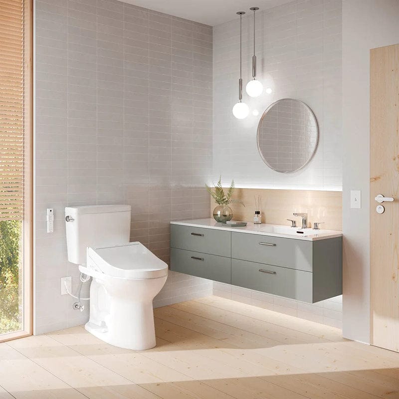 TOTO Drake Washlet C5 two-piece toilet in modern bathroom setting, featuring 1.28 GPF and universal height.