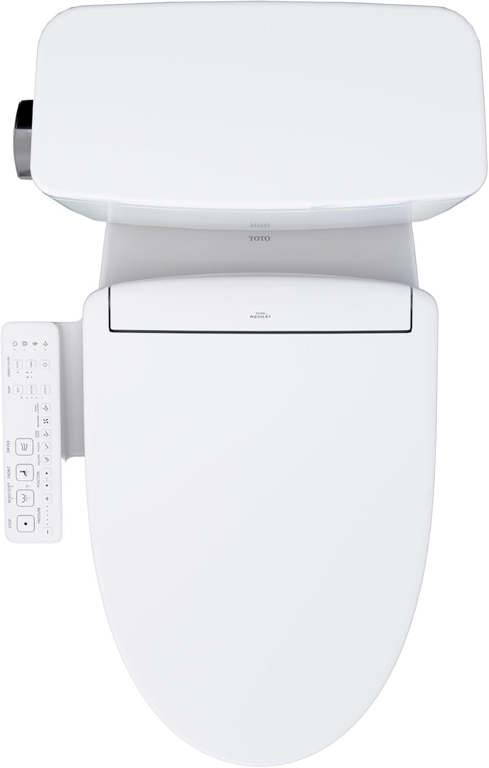 TOTO Drake WASHLET+ S2 Two-Piece Toilet - Top view of a white electronic toilet seat with control panel on a white background