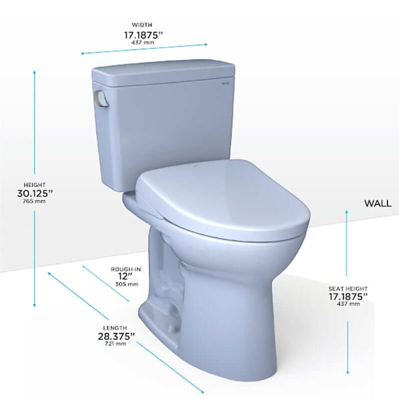 TOTO Drake Washlet+ S7 Two-Piece - Universal Height toilet with dimensions shown
