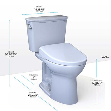 TOTO Drake Transitional Washlet + S7 Two-Piece - Universal Height - White toilet with dimensions labeled on a white background