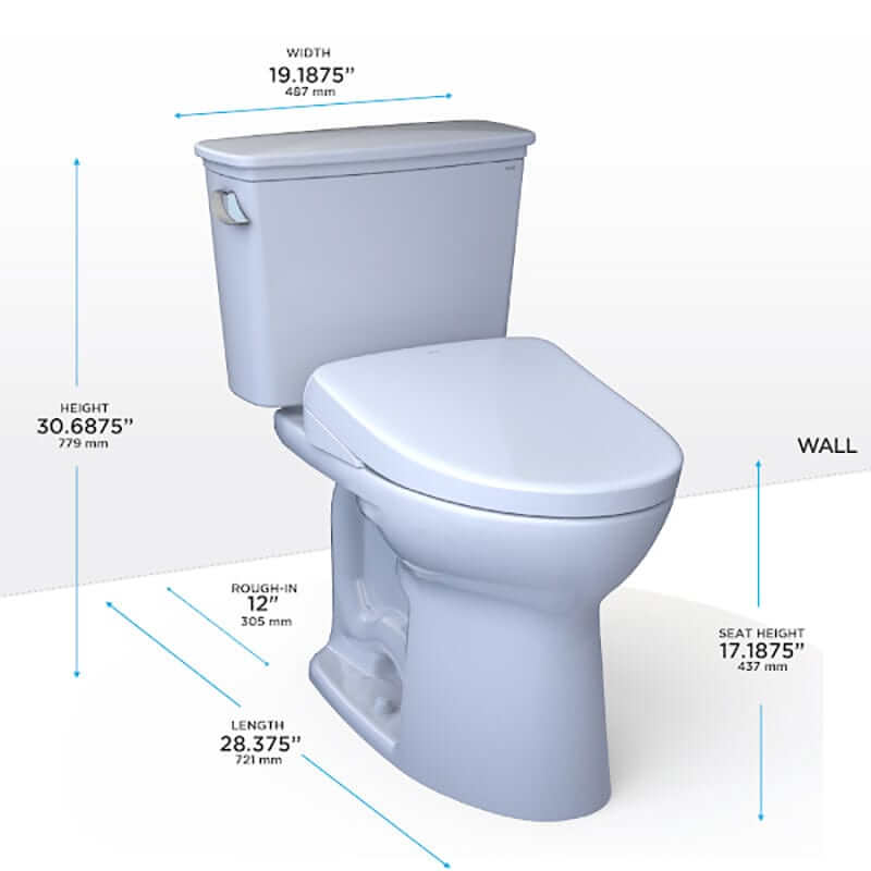TOTO Drake Transitional Washlet + S7 Two-Piece Toilet with dimensions highlighting universal height and modern design features