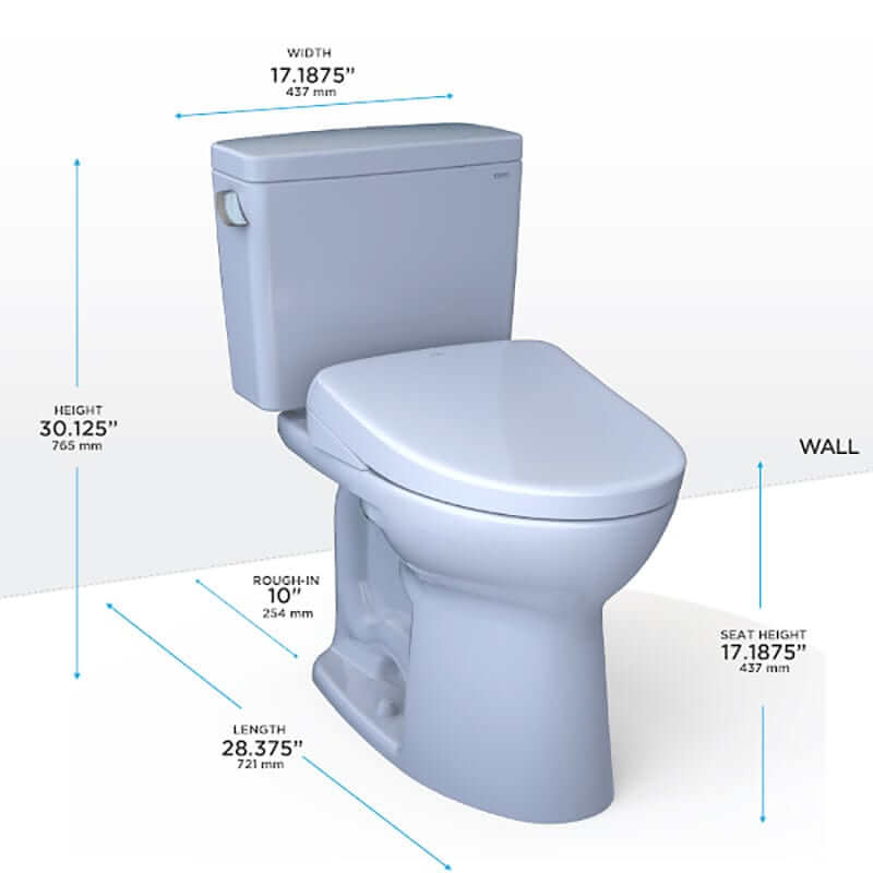 TOTO Drake Washlet + S7A Two-Piece - White toilet with dimensions labeled on a white background