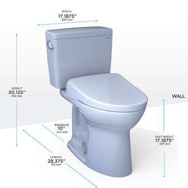 TOTO Drake Washlet S7A Two-Piece Toilet with Dimensions for 10-Inch Rough-In, 1.28 GPF, featuring height, width, and seat height.