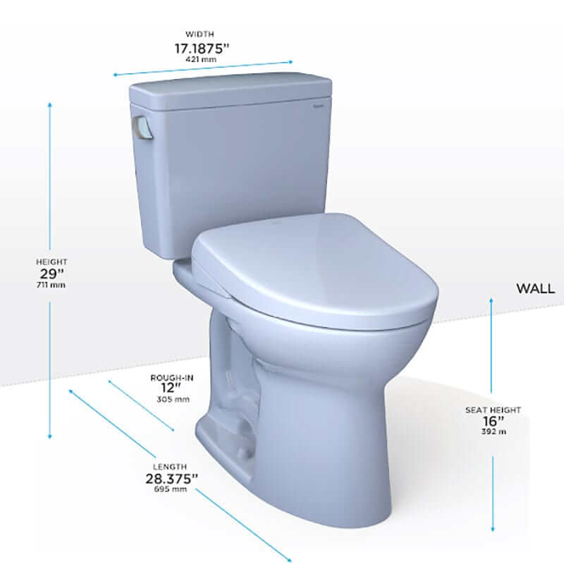 TOTO Drake Washlet+ S7A Two-Piece 1.28 GPF with measurements of height, width, and length dimensions.