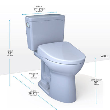 TOTO Drake Washlet S7A Two-Piece Toilet dimensions and design overview.