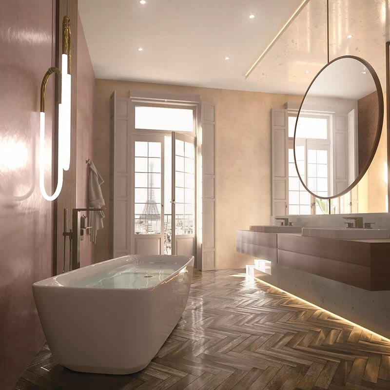 TOTO Flotation Freestanding Square Tub in a modern luxury bathroom with wooden floors and stylish lighting