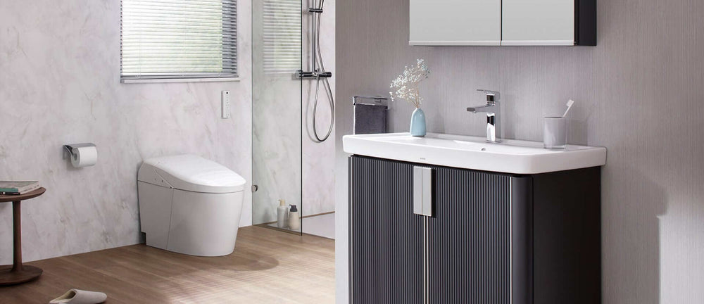 Modern bathroom featuring TOTO Washlet G5A Smart Toilet MS7631CEMFG#01 with dual flush, auto clean, and deodorizing features.