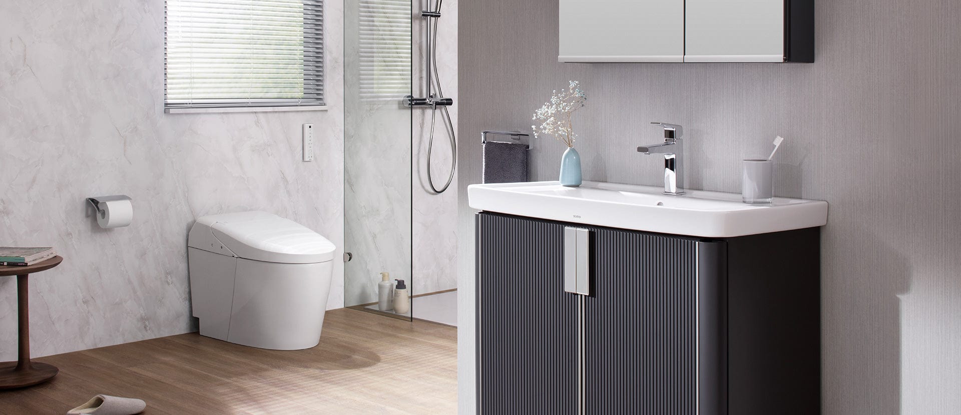 TOTO Washlet G5A Smart Bidet Toilet installed in modern bathroom with sleek vanity and shower.