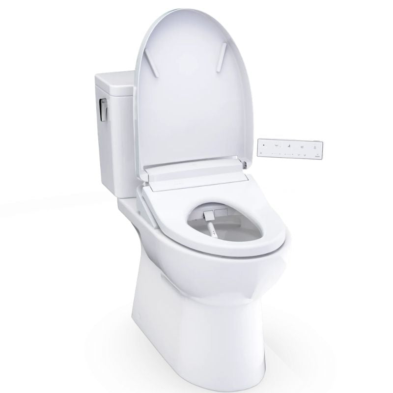 TOTO Glaston WASHLET+ Two-Piece Toilet - 1.28 GPF - White toilet with open lid on a white background