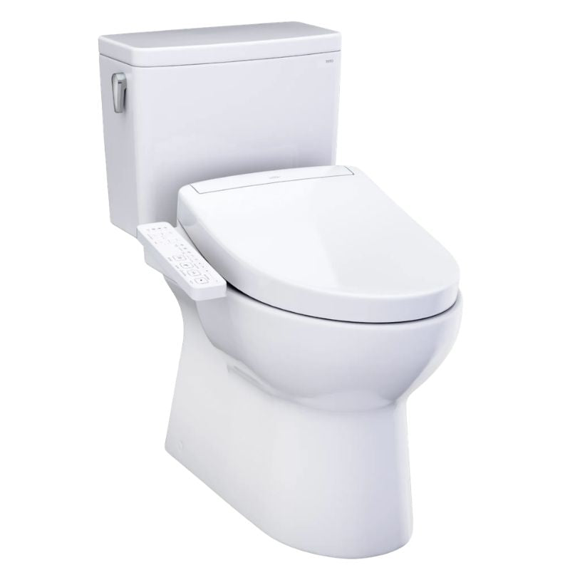 TOTO Glaston WASHLET+S2 Two-Piece Toilet - 1.28 GPF - White toilet with seat cover on a white background