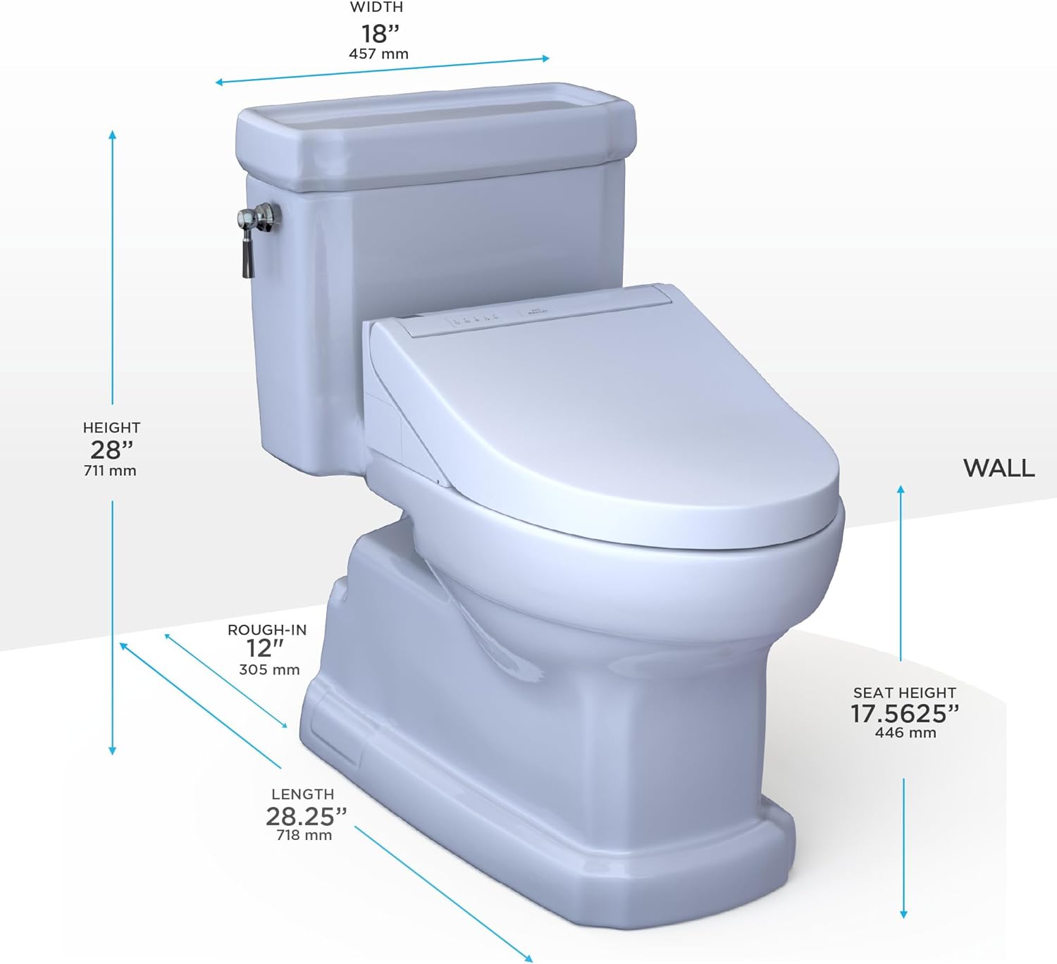TOTO Guinevere WASHLET+ S2 One-Piece Toilet - white toilet with dimensions labeled on a white background