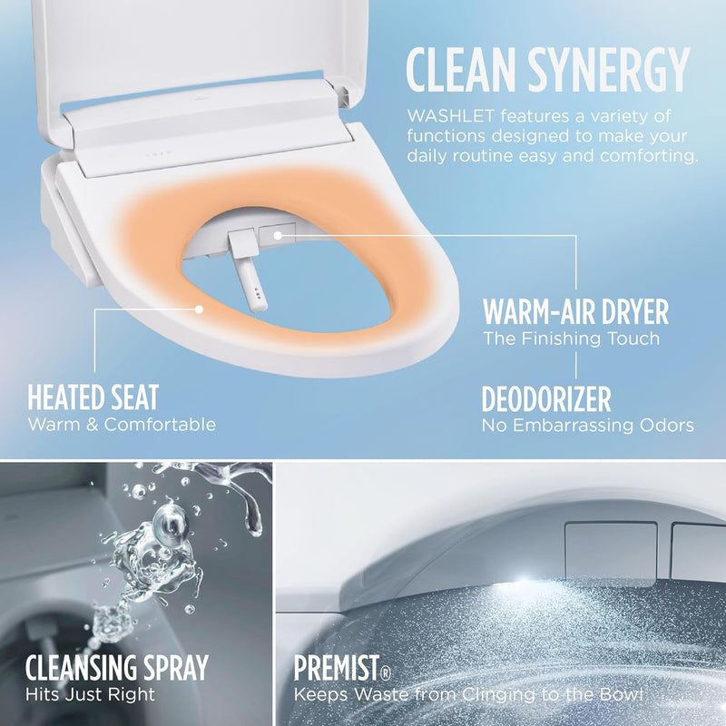 TOTO Guinevere WASHLET+ S2 One-Piece Toilet - Washlet toilet seat with features highlighted on a blue background