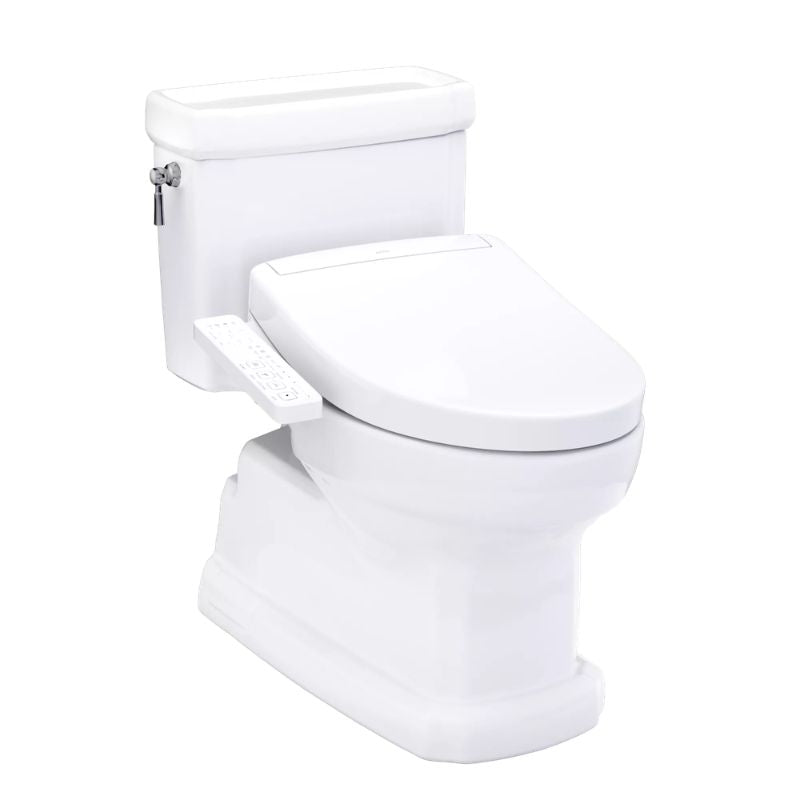 TOTO Guinevere WASHLET+ S2 One-Piece Toilet - 1.28 GPF - White toilet with a seat cover on a white background