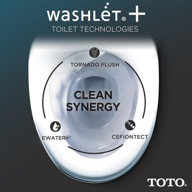 TOTO Guinevere WASHLET+ S5 One-Piece Toilet - Washlet+ toilet technology display with TOTO branding on a dark background