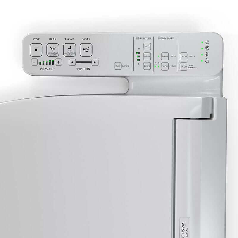 Control panel of the TOTO Washlet KC2 Bidet Toilet Seat featuring various settings and functions.