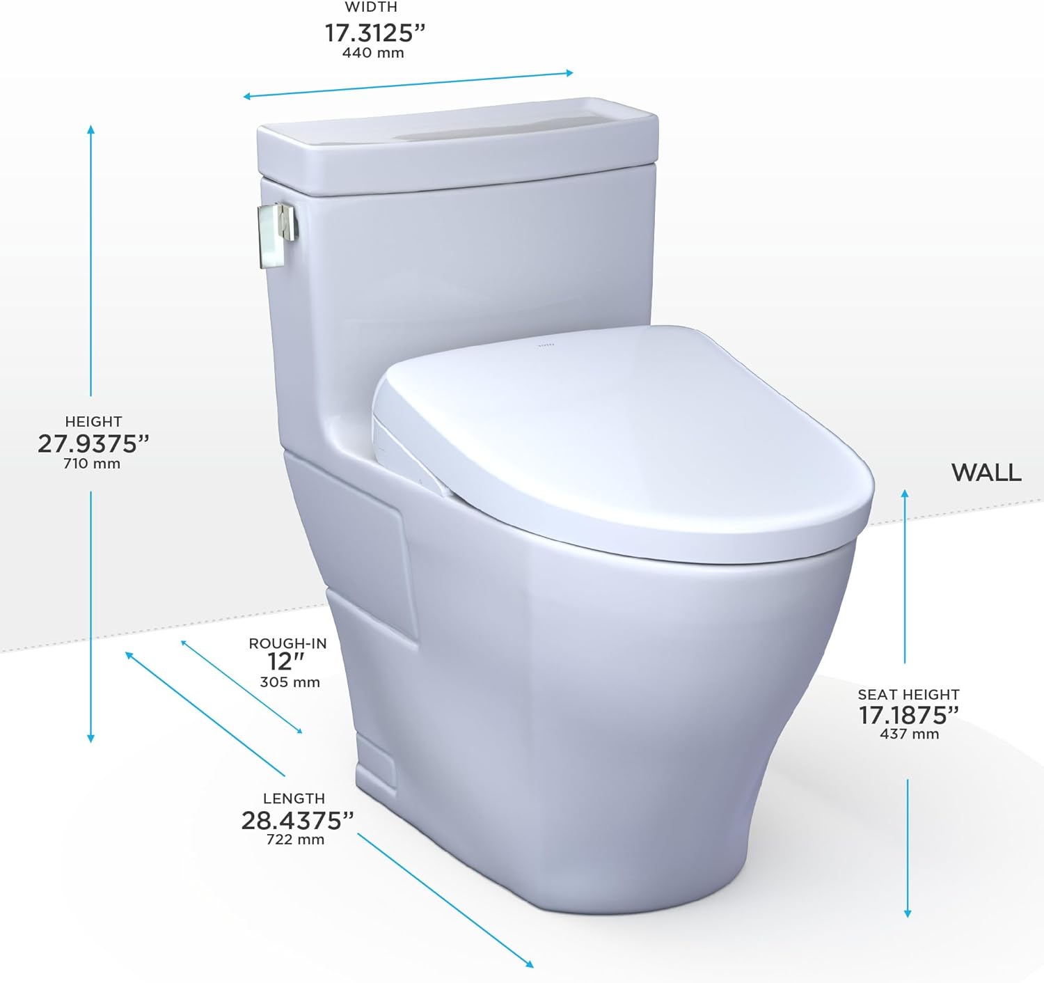 TOTO Legato WASHLET+ S2 One-Piece Toilet - White toilet with dimensions labeled on a white background