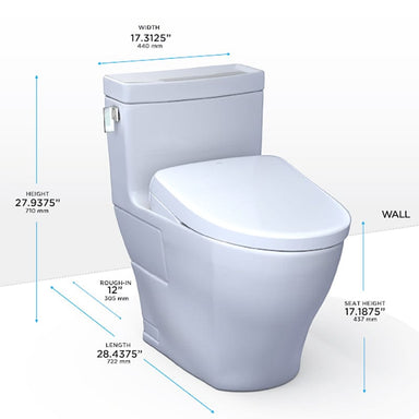 TOTO Legato Washlet + S7 One-Piece toilet with dimensions: width 17.3125 inches, height 27.9375 inches, length 28.4375 inches.