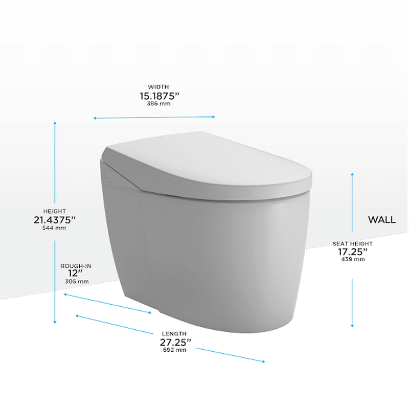TOTO Neorest AS Bidet Toilet with dimension measurements including height, width, length, and seat height.