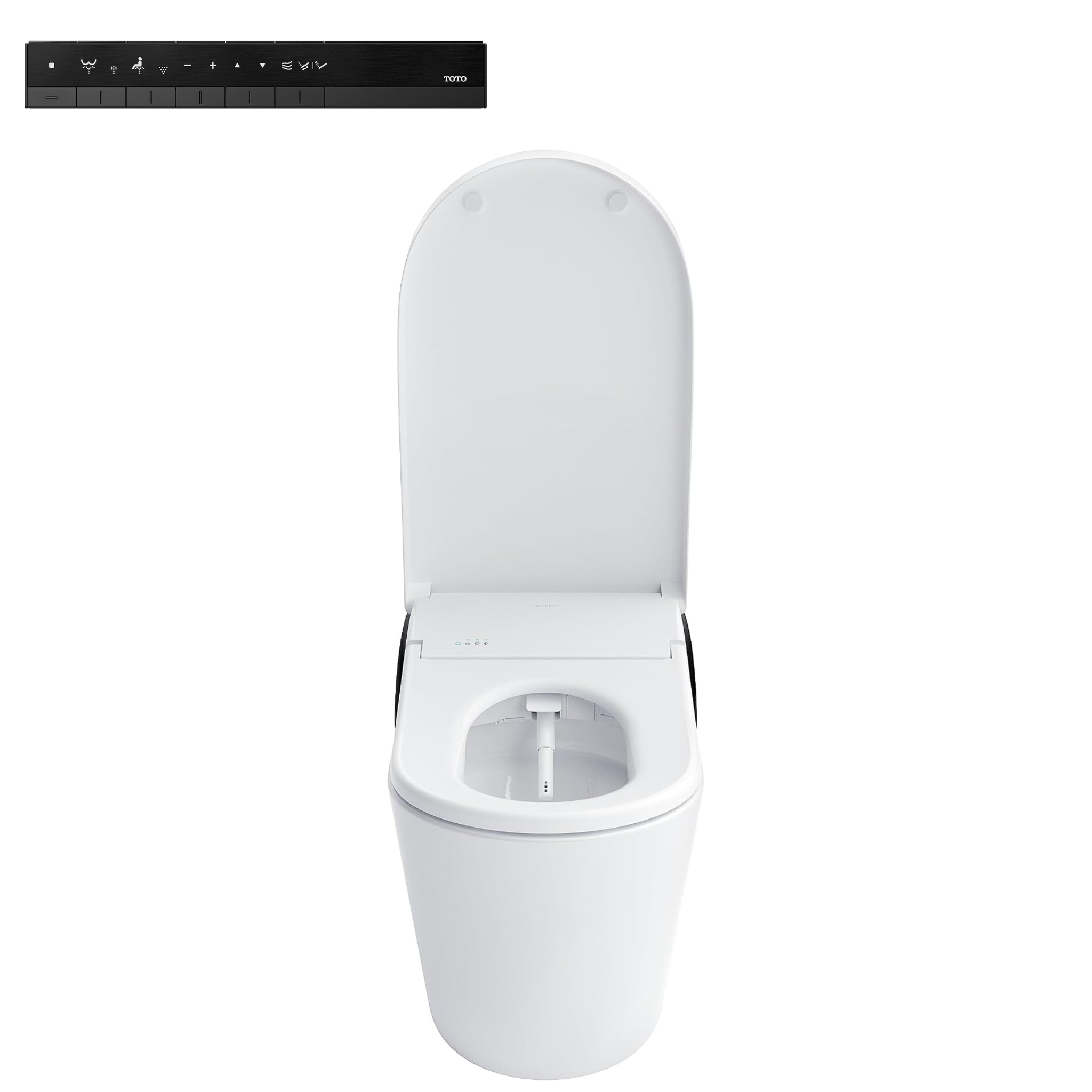 Neorest LS Cotton Black Trim Top view with remote