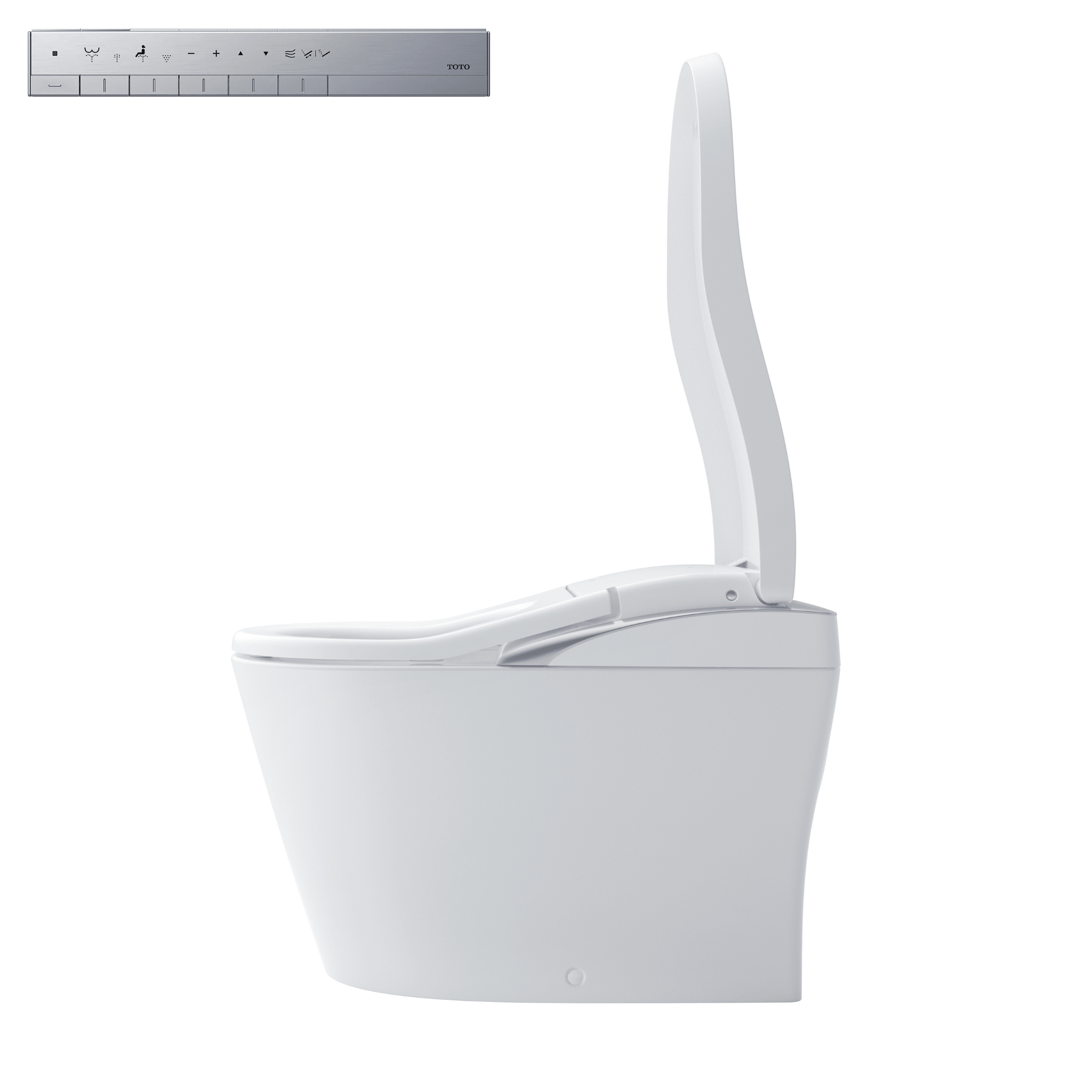 Neorest LS Cotton Silver Trim side view with remote